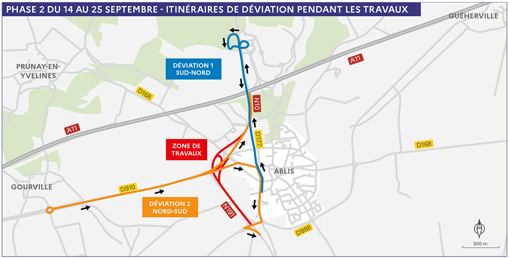 Carte des itinéraires de déviation mis en place du 14 au 25 septembre 2026 au niveau d'Ablis (78), pendant les fermetures nocturnes de la RN191. La zone de travaux se situe sur la RN191, au niveau de l'échangeur d'Ablis. Deux déviations sont mises en place autour de cette zone : déviation 1, sens sud-nord, empruntant la N10 et la D177 vers l'A11 ; déviation 2, sens nord-sud, empruntant la D910 vers Gourville et Prunay-en-Yvelines.