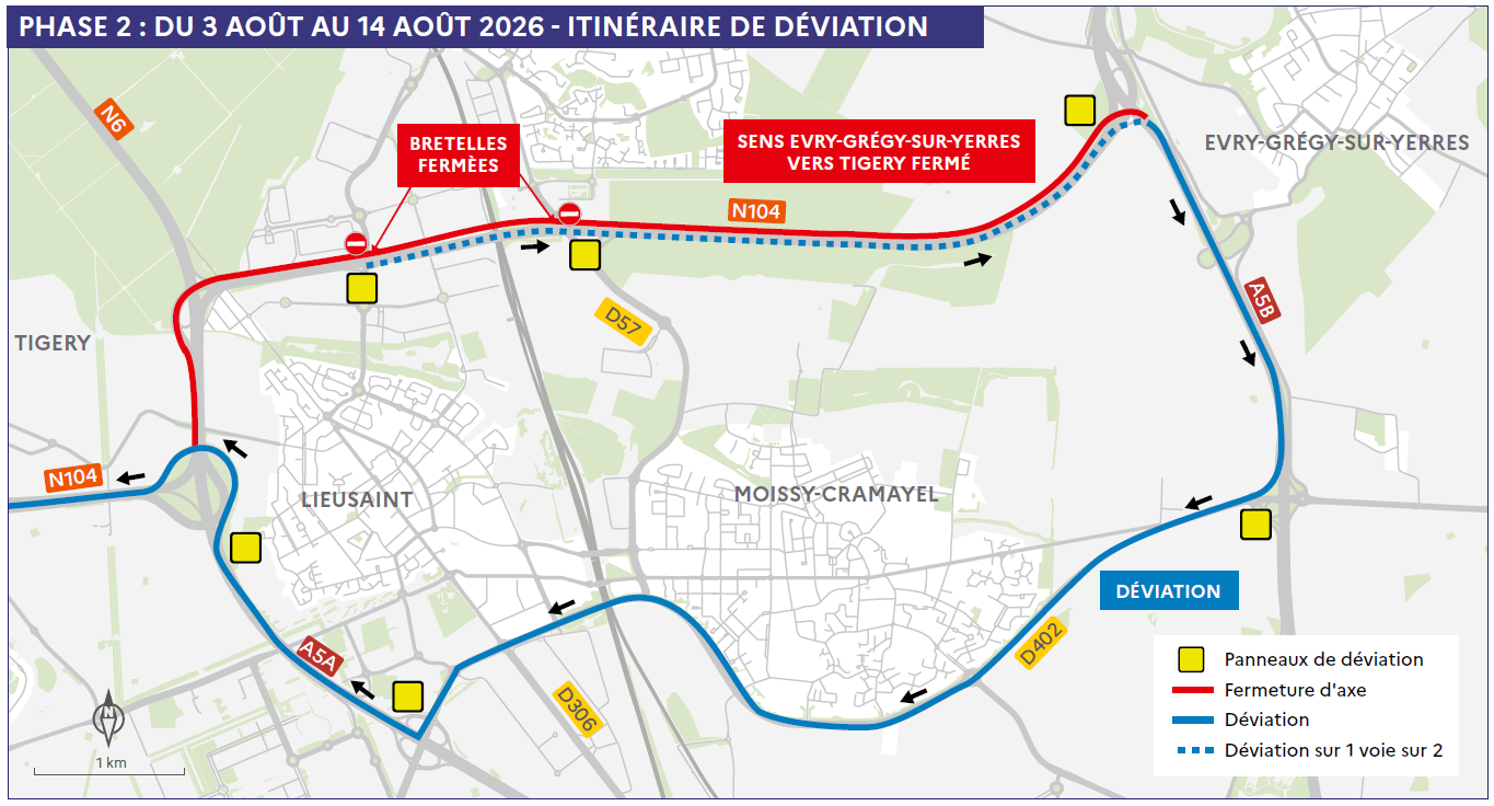Schéma de déviation RN104 phase 2 : fermeture du sens Évry-Grégy-sur-Yerres vers Tigery, du 3 au 14 août 2026