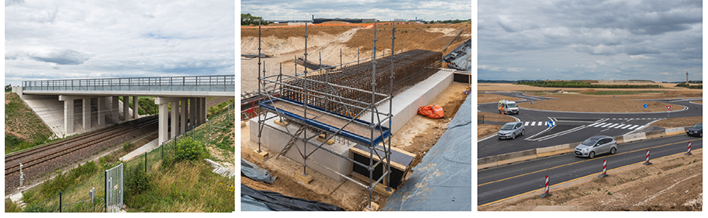 De gauche à droite : Pont au-dessus des voies ferrées entre Epiais-lès-Louvres et Mauregard, travaux de fondation du pont au-dessus de la future A104 au Sud-Est du Mesnil-Amelot, giratoire près du Mesnil-Amelot 