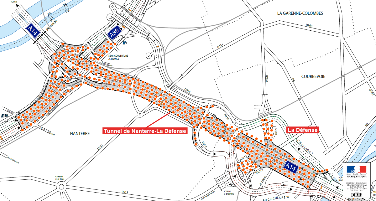 DiRIF - Carte des sections équipées des bornes de géolocalisation dans la tunnel de Nanterre-La Défense (A14/186)