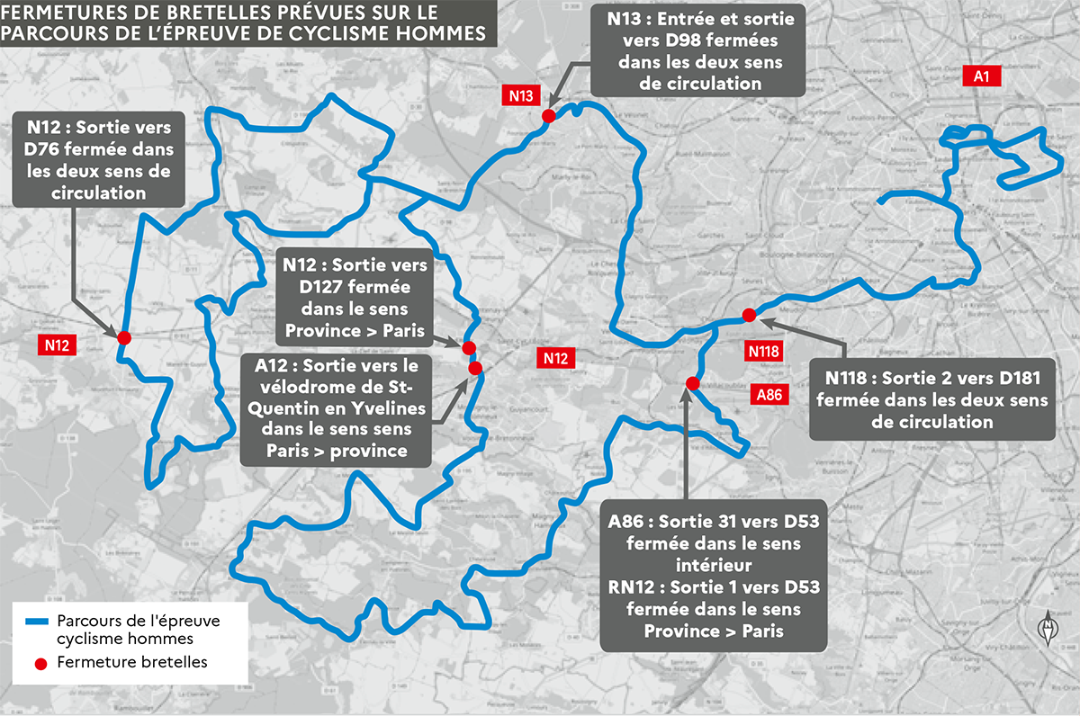 Carte de la fermeture des bretelles d’accès sur le parcours olympique du cyclisme hommes