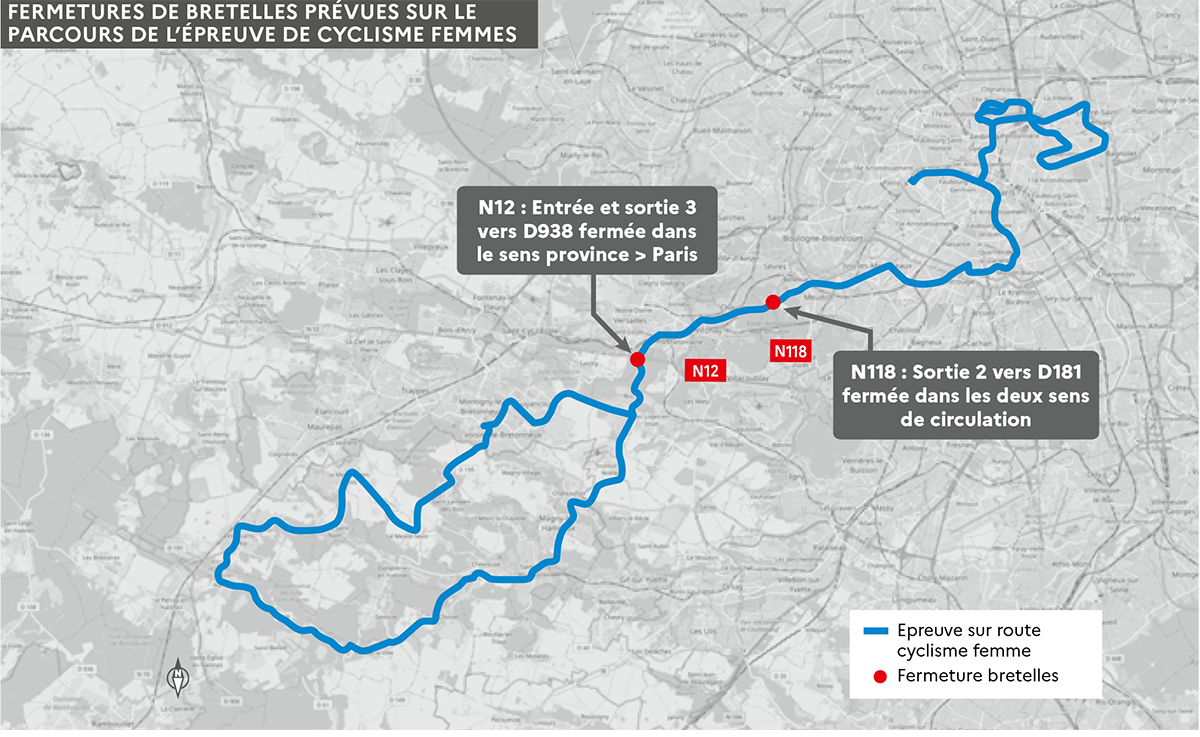 Carte de la fermeture des bretelles d’accès sur le parcours olympique du cyclisme femmes